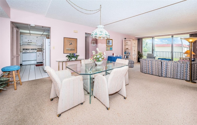 dining space with light carpet and a textured ceiling