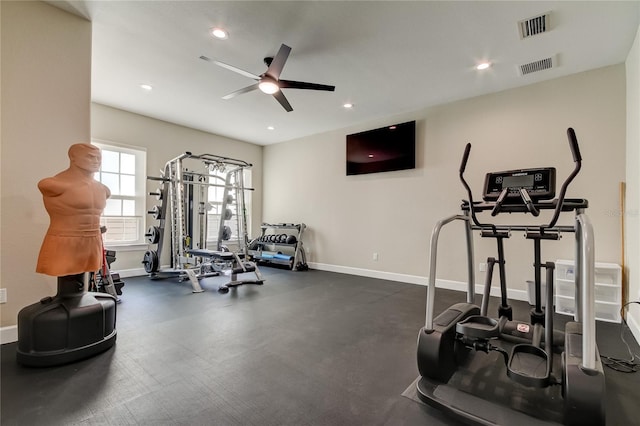 exercise area with ceiling fan