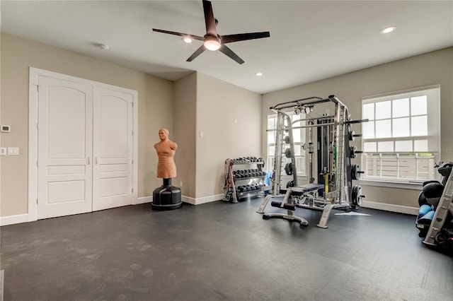 workout area featuring ceiling fan