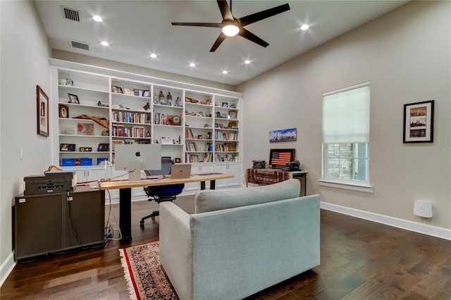 office space featuring ceiling fan and dark wood-type flooring