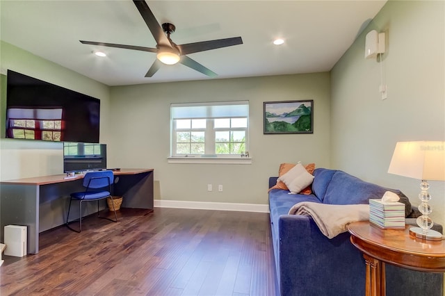 office featuring dark hardwood / wood-style floors and ceiling fan