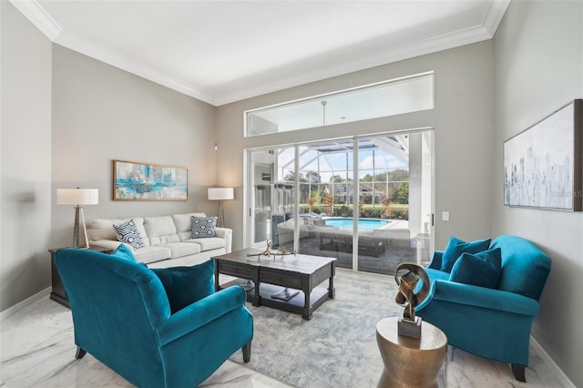 living room with ornamental molding