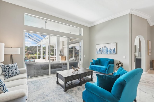 living room featuring crown molding