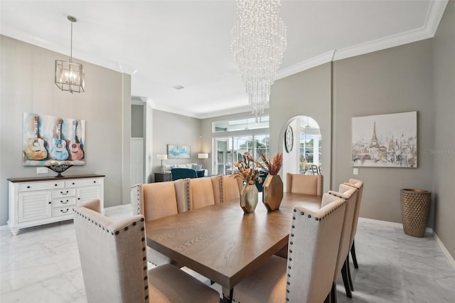 dining space with ornamental molding