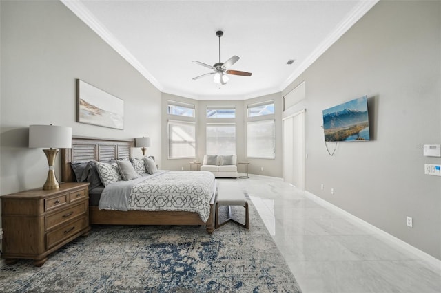 bedroom with ceiling fan and ornamental molding