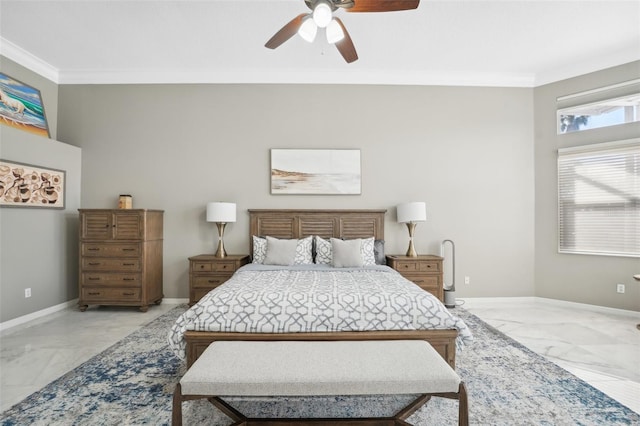 bedroom with ceiling fan and ornamental molding