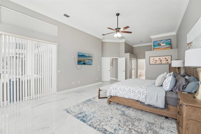 bedroom with ornamental molding, carpet flooring, ensuite bath, and ceiling fan