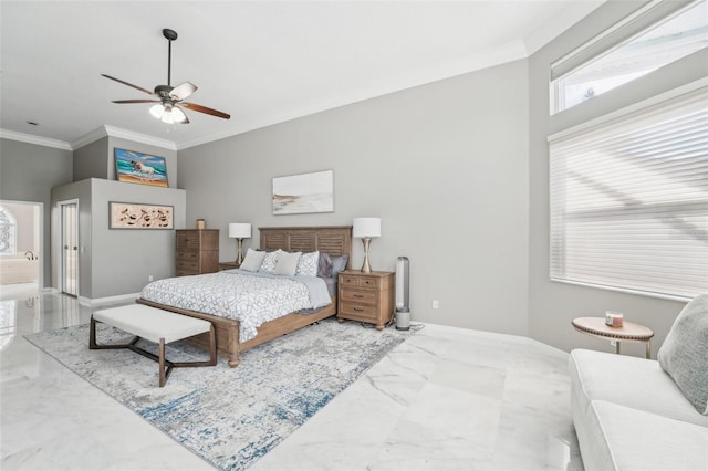 bedroom featuring ceiling fan and crown molding