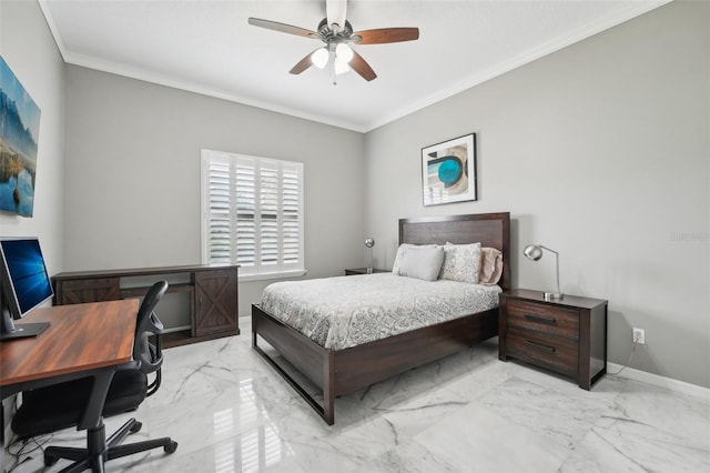 bedroom featuring ceiling fan and crown molding