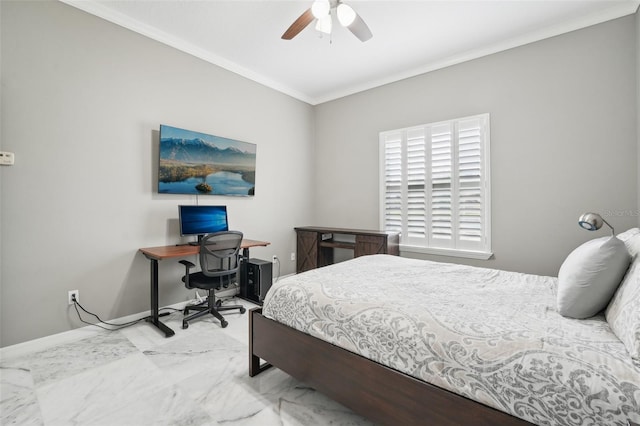 bedroom with ornamental molding and ceiling fan