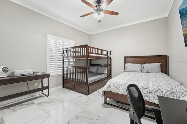 bedroom featuring ornamental molding and ceiling fan