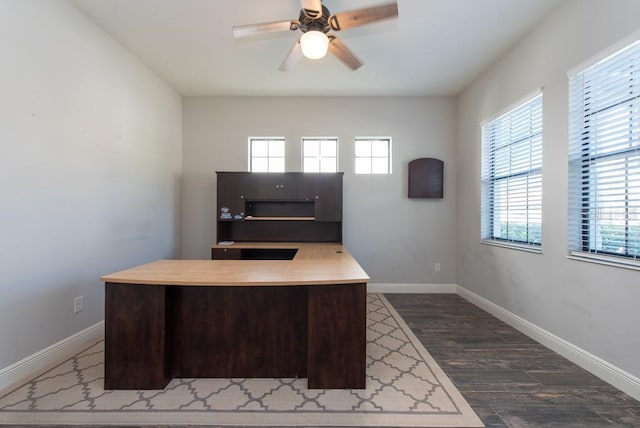 office area featuring ceiling fan and dark wood-type flooring