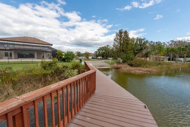 view of dock with a water view