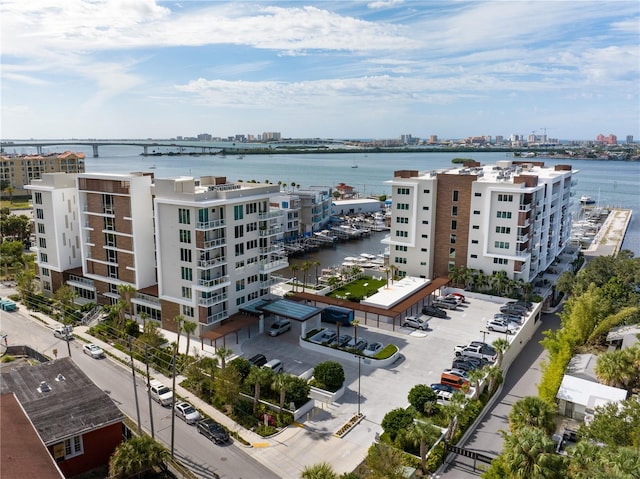 bird's eye view with a water view