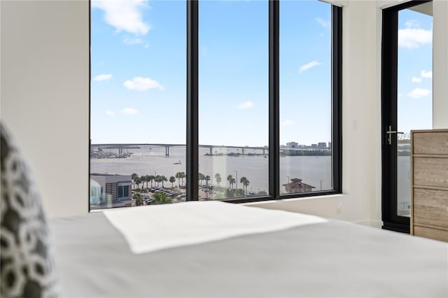 bedroom featuring a water view