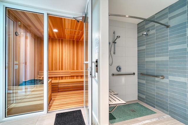 view of sauna / steam room with tile patterned floors