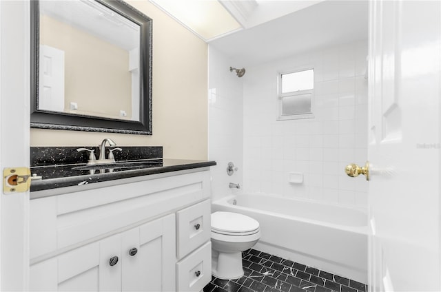 bathroom with shower / bathing tub combination, vanity, toilet, and tile patterned floors