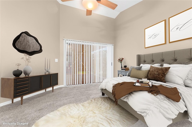 carpeted bedroom with a ceiling fan, access to exterior, and high vaulted ceiling