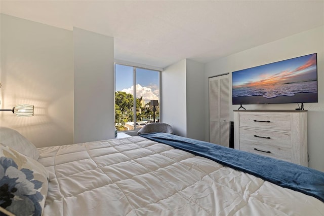 bedroom featuring a wall of windows and a closet