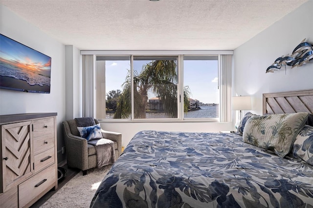 bedroom with a water view and a textured ceiling