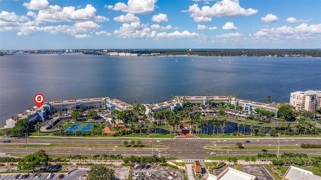 aerial view featuring a water view