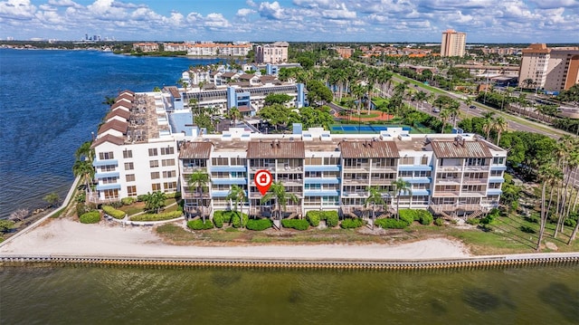 aerial view featuring a water view