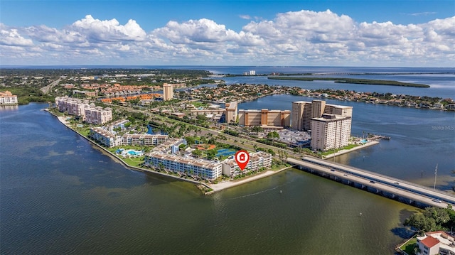 bird's eye view with a water view