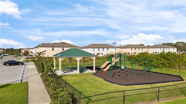 view of jungle gym with a yard and a gazebo