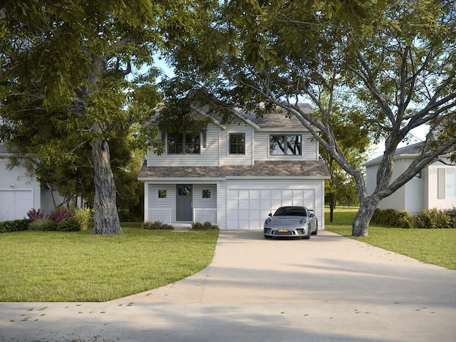 view of front of home with a front lawn and a garage