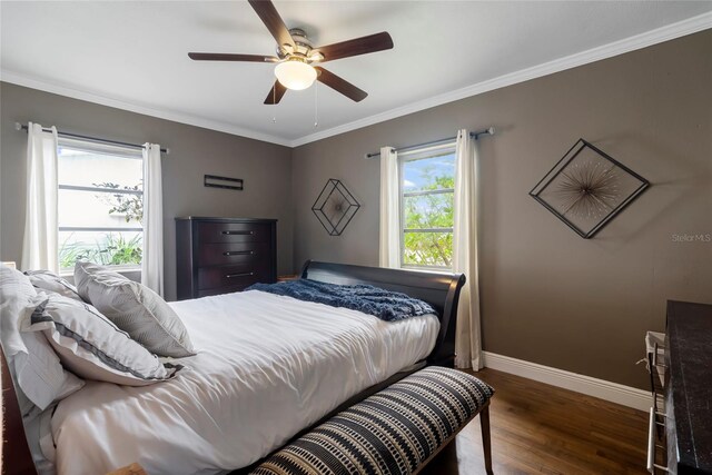 bedroom with crown molding, multiple windows, ceiling fan, and dark hardwood / wood-style floors