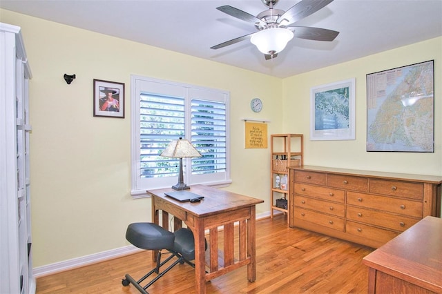 office featuring light wood-type flooring and ceiling fan