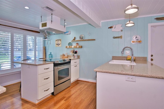 kitchen featuring white cabinets, light wood-type flooring, sink, and stainless steel range with electric stovetop