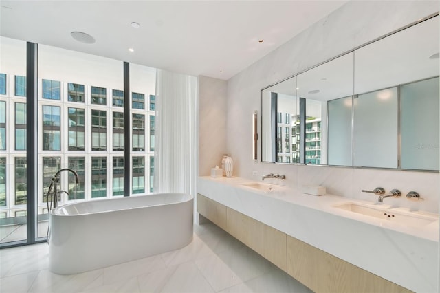 bathroom featuring vanity, a tub, and plenty of natural light