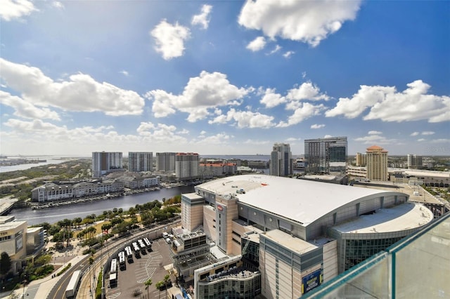 bird's eye view with a water view