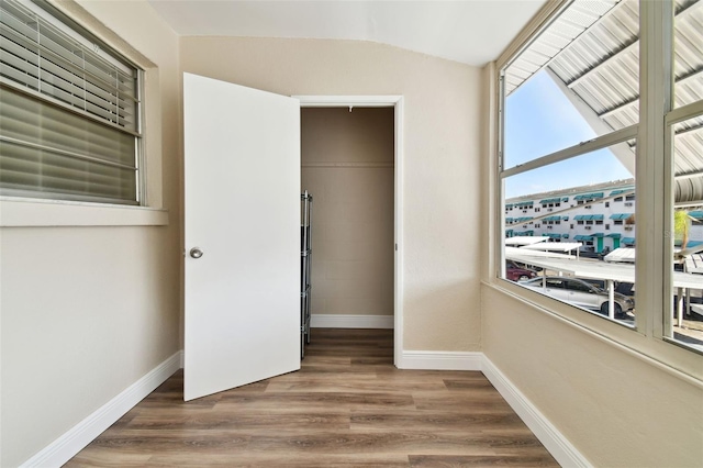 unfurnished bedroom featuring a spacious closet, vaulted ceiling, a closet, and wood-type flooring