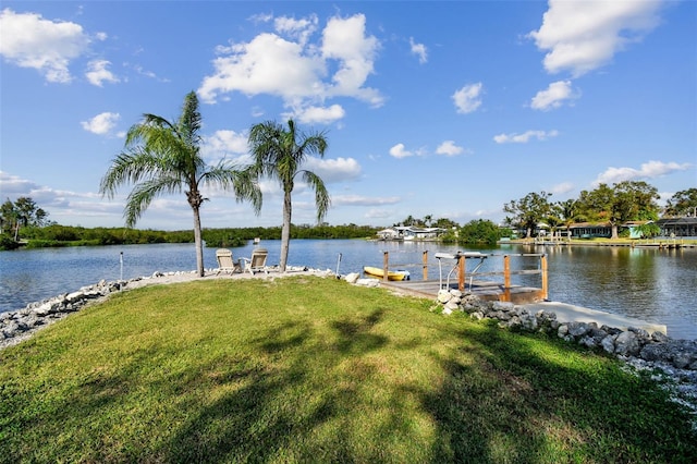 dock area with a yard and a water view