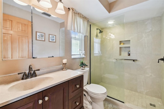 bathroom featuring toilet, vanity, and walk in shower