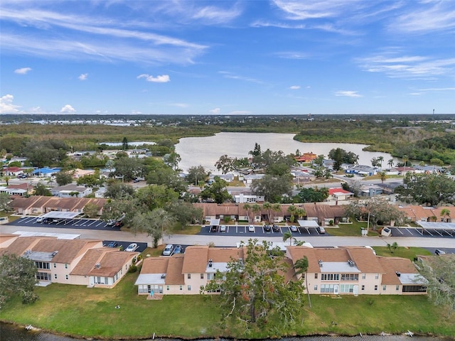 drone / aerial view with a water view