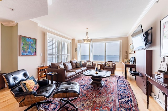 living room featuring light hardwood / wood-style floors and crown molding