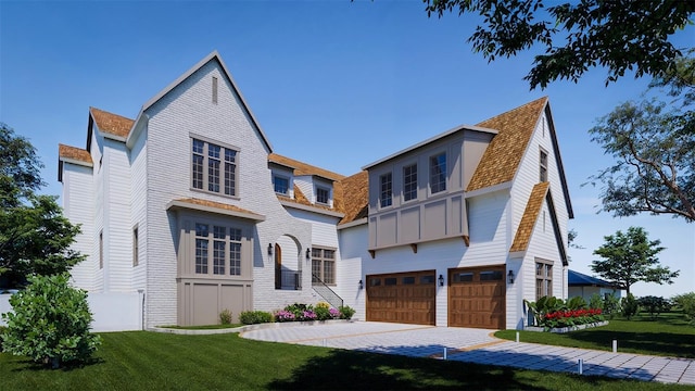 view of front of property with a front yard and a garage