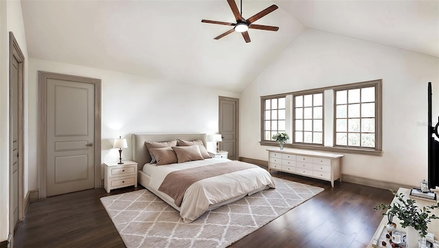 bedroom featuring high vaulted ceiling, ceiling fan, and dark hardwood / wood-style floors