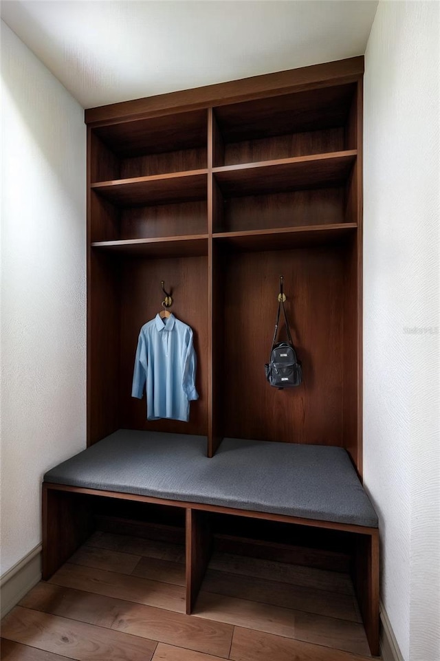 mudroom with hardwood / wood-style flooring