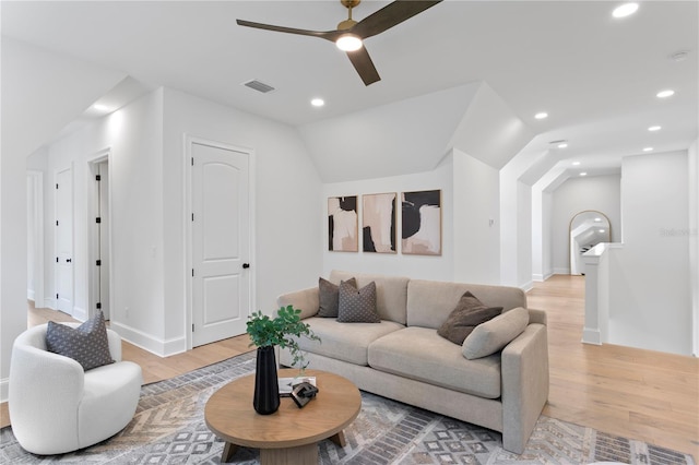 4633 W Lowell Ave, Tampa, FL 33629 - living room with light wood-style floors, ceiling fan, recessed lighting, lofted ceiling, and baseboards