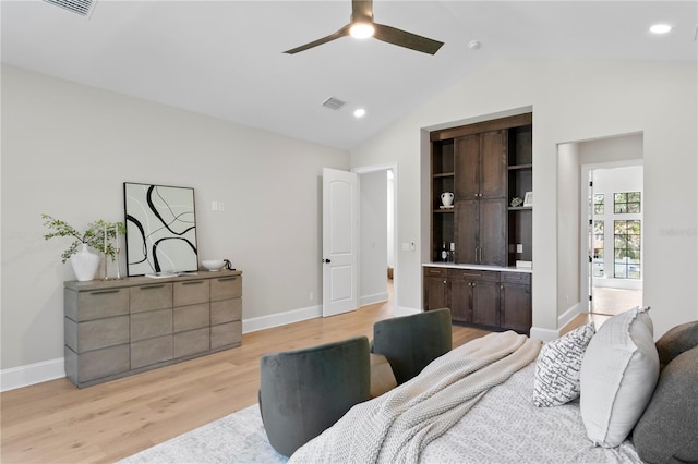 4633 W Lowell Ave, Tampa, FL 33629 - bedroom featuring light wood-style flooring, lofted ceiling, baseboards, ceiling fan, and recessed lighting