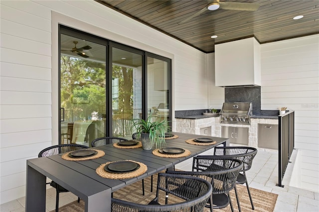 4633 W Lowell Ave, Tampa, FL 33629 - dining space featuring ceiling fan, wood ceiling, wooden walls, and stone tile floors