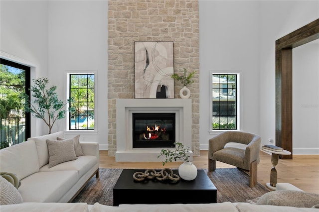 4633 W Lowell Ave, Tampa, FL 33629 - living room featuring a high ceiling, a large fireplace, wood finished floors, and baseboards