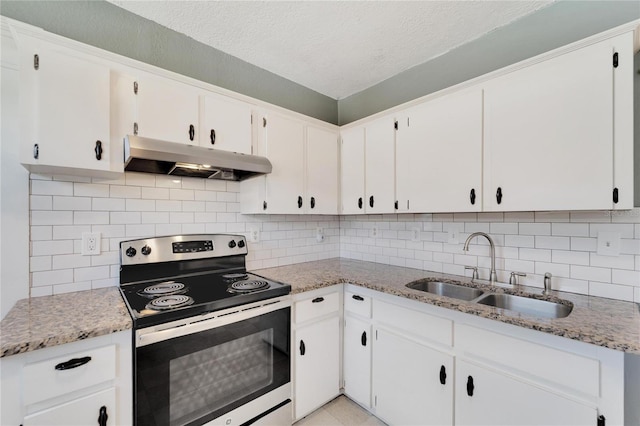 kitchen with stainless steel range with electric stovetop, under cabinet range hood, white cabinetry, and a sink