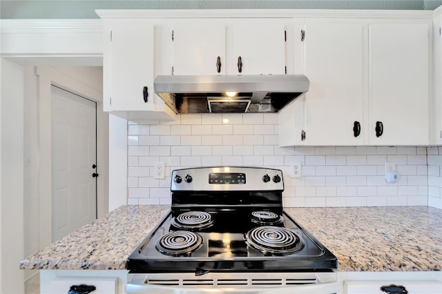 kitchen with white cabinets, decorative backsplash, light stone countertops, stainless steel electric range, and exhaust hood