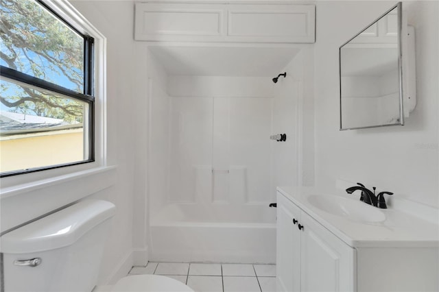 full bathroom with shower / bathing tub combination, vanity, toilet, and tile patterned floors