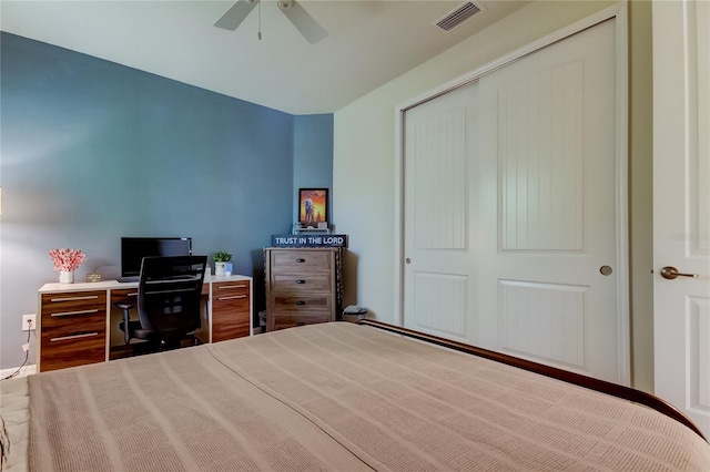 bedroom featuring a closet and ceiling fan